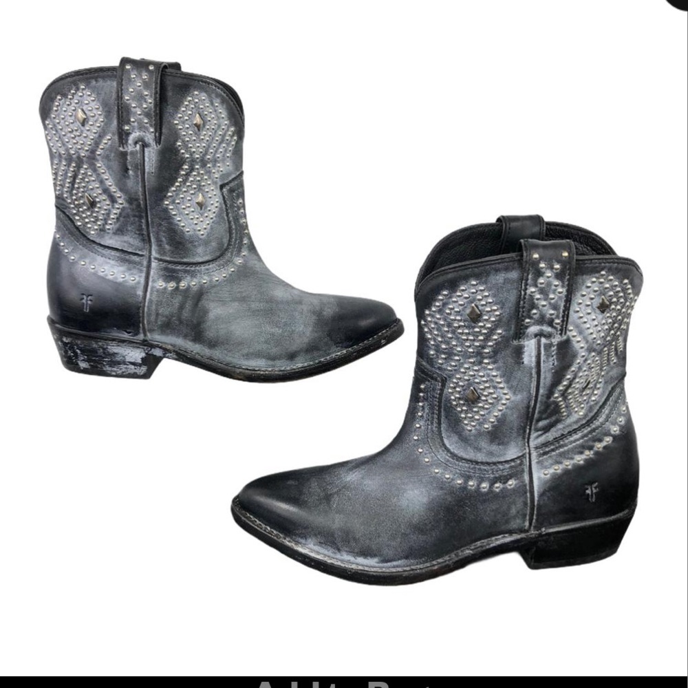 Frye Distressed Black Billy Stud Short Cowboy Boots/Booties - Picture 2 of 9